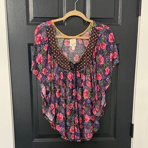 Anthropologie Y2K Black and Pink Floral Blouse